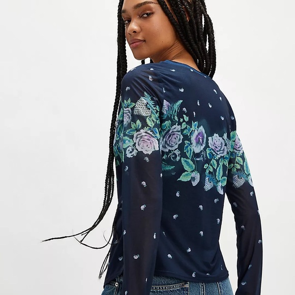 NWOT Free People Floral Print Navy button downTop - Picture 2 of 5